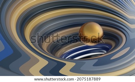 Fractal digital 3D design.Abstract fractal shape of spiral blue gold brown vortex swirling around the levitating golden sphere. Royalty-Free Stock Photo #2075187889
