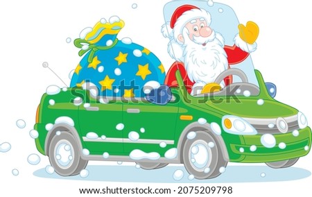 Santa Claus friendly smiling, waving his hand in greeting and driving a beautiful red toy car with a big bag of Christmas gifts for children, vector cartoon illustration isolated on white