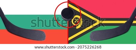 Top view hockey puck with Bulgaria vs. Vanuatu command with the sticks on the flag. Concept hockey competitions