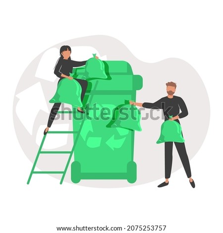 Various volunteering scenes. Characters collecting waste in recycle garbage bin and planting trees. Environmental care and volunteerism concept. Flat cartoon vector illustration and icon.