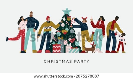 Vintage christmas party web banner. People celebrate new year together. Christmas tree decoration. Happy characters. Merry atmosphere. Diversity concept, african american family with child and dog.