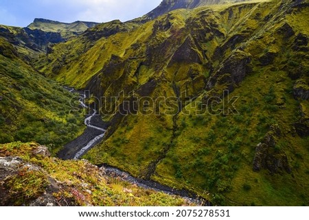 A bright green valley in the Godaland area of Thórsmörk National Park, Iceland
