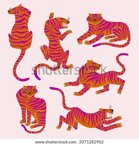 Trendy collection of tiger illustrations. Chinese New Year symbol. Isolated funny tigers in different poses.