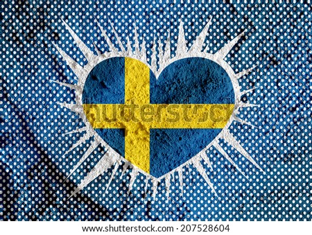 Love  Sweden flag sign heart symbol on Cement wall texture background design