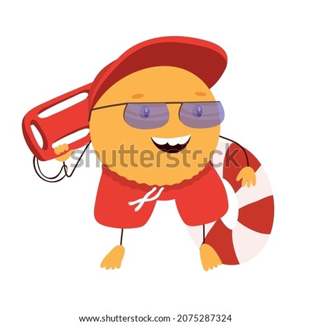 Lifeguard in red swimwear with life buoy isolated on white background. Orange fruit or tangerine character drawn in flat style.