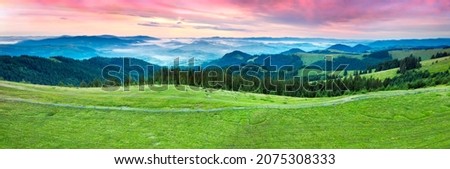 drone flight at dawn over pastures at the top of Krinth, Hrynyava, Carpathians, Ukraine. Wild coniferous forest, ancient pastures - a great popularity of the famous place among tourists. Royalty-Free Stock Photo #2075308333