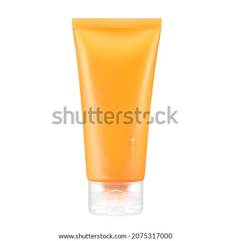 Orange Plastic 75ml Hand Cream Tube Packaging Isolated on White. Collapsible Squeeze Tube Cosmetic Containers with Flip Lid. Modern Hand Skin Care Products Kit Royalty-Free Stock Photo #2075317000