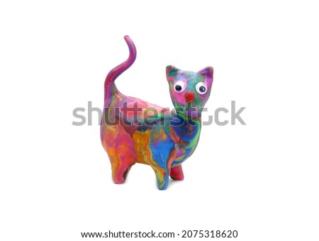 Cute kitten isolated on white background. Handmade Colorful cat play dough for kids DIY (Do it yourself) class