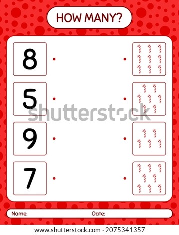 How many counting game with candy cane. worksheet for preschool kids, kids activity sheet
