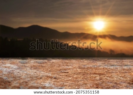 Natural stone floor. Space design idea for trade show, product, design, advertisement, free space for you. Natural blurred morning sunrise background.