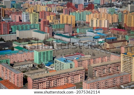 Birds eye view on Pyongyang cityscape  Royalty-Free Stock Photo #2075362114