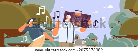 senior family with bass clipping blaster recorder dancing and singing grandparents having fun active old age concept