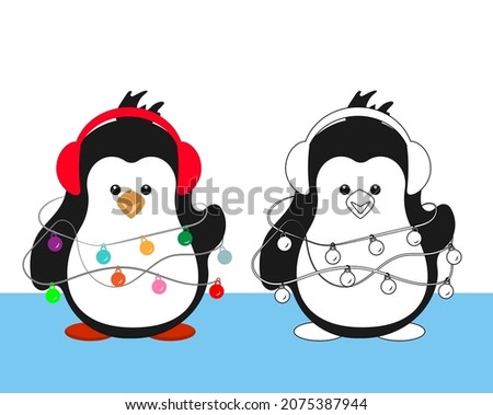 Penguin in red headphones with a festive colored garland. Penguin color illustration and coloring book