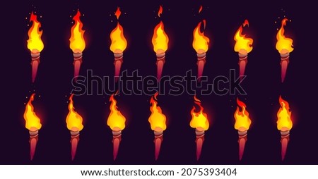 Burning fire on old wooden torch isolated on black background. Vector cartoon animation sprite sheet with sequence of yellow and orange flame on ancient wood torch