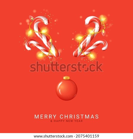 Merry Christmas and Happy New Year card. Vector illustration with candy canes, Christmas red ball, sparkling garlands and confetti on red background. Happy New Year banner.