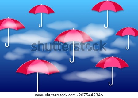 Happy monsoon season background. Realistic white clouds and red umbrellas