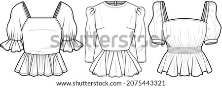 Women Peplum Top Styles, Puff Sleeve, Three Quarter Sleeve,  Poet Sleeve. Front and Back View. Fashion Illustration, Vector, CAD, Technical Drawing, Flat Drawing. Royalty-Free Stock Photo #2075443321