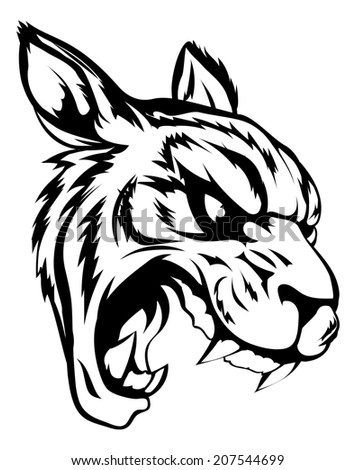 A black and white illustration of a fierce tiger animal character or sports mascot