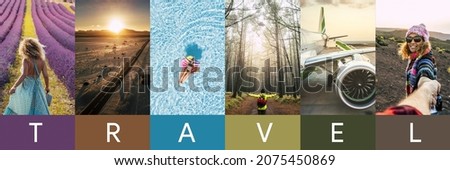 Travel concept background. Summer concept. Header format with copyspace, vertical stories collection. Banner with people photos having fun and enjoying vacation Royalty-Free Stock Photo #2075450869