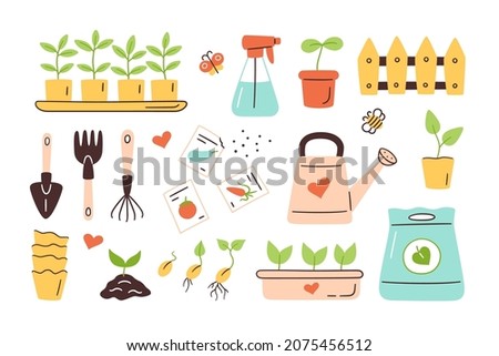 Seeds and seedlings. Germination of sprouts. Tools, pots and soil for planting. Spring sowing works. Set of hand drawn vector illustration isolated on white background. Royalty-Free Stock Photo #2075456512