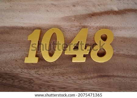 Golden Arabic numerals 1048 on a dark brown to white wood grain background.