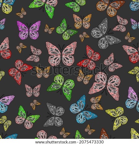Seamless pattern with interesting doodles on colorfil background. Vector illustration.