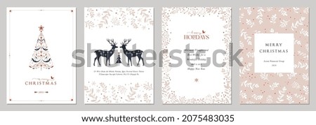Corporate Holiday cards with Christmas tree, reindeers, bird, floral frames, background and copy space. Universal artistic templates. Royalty-Free Stock Photo #2075483035