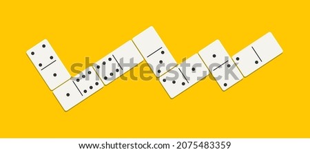 Domino game on table. Icon of dominoes isolated on orange background. White chip of domino on board for gambling. Serie of wooden chip. Stone for tournament, casino. Brick for game. Vector.