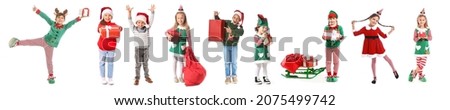 Cute little children wearing Christmas costumes on white background