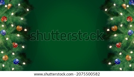 Christmas New Year template. Green background, brilliant golden, red, and blue balls, glitter, Christmas tree branches. Social media, social network, copy space for text. Vector illustration