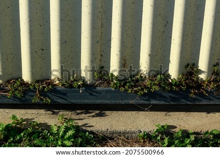 Weeds growing in the base of a metal fence. Poor maintenance allows the weeds to grow and the moisture retained by the weeds and soil will cause premature rusting of the steel fence. Royalty-Free Stock Photo #2075500966