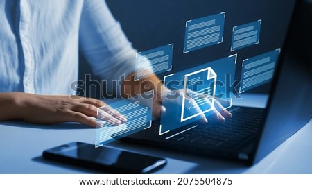 Business Woman working at laptop computer and digital  documents with checkbox lists. Law regulation and compliance rules on virtual screen concept.
