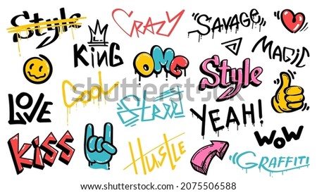 Abstract street graffiti lettering elements with grunge fonts. Urban savage spray paint art. Cool teenage graffiti cartoon design vector set. Creative colorful writing with drips and blobs Royalty-Free Stock Photo #2075506588