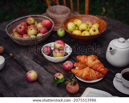 beautiful autumn still life in apple orchard, old wooden table with mug and teapot, apples and plums, croissants and open book , idea and concept of harvesting, abundance and autumn lifestyle