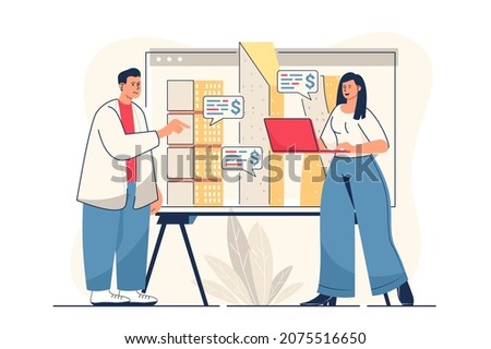 Real estate concept for web banner. Man and woman discussing architectural project of houses, choosing apartment, modern person scene. Vector illustration in flat cartoon design with people characters