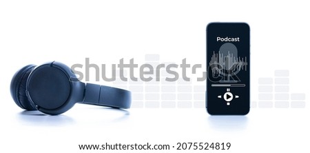 Podcast background. Mobile smartphone screen with podcast application, sound headphones. Audio voice with radio microphone on white. Recording studio or podcasting banner with copy space