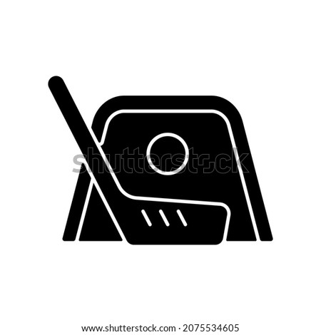 Floor hockey black glyph icon. Street hockey. Indoor, outdoor game. Shooting puck into opposing team net. Playing on non-ice surface. Silhouette symbol on white space. Vector isolated illustration