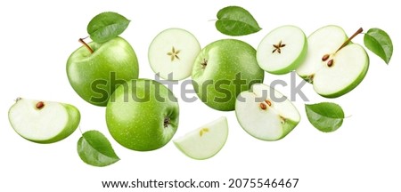 Green Apple isolated on white background. Flying Apple with leaf. Full depth of field with clipping path