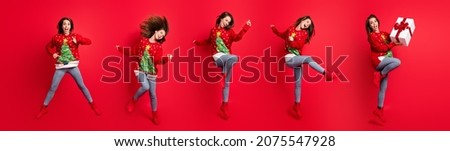 Overjoyed girlish jumping from delight lady photo collage newyear event dance disco occasion isolated on bright red color background