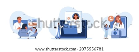 Electronic health record and online medical services illustration set. Doctor in hospital reading patient EMRs. Patients having online consultations with medical specialists. Vector illustration.