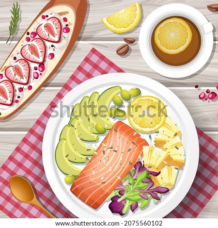 Salmon steak with teacup and strawberry bread illustration
