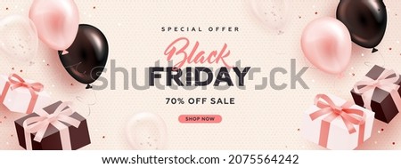Black friday horizontal sale banner with realistic glossy balloons, gift box and discount text on pink background. Vector illustration