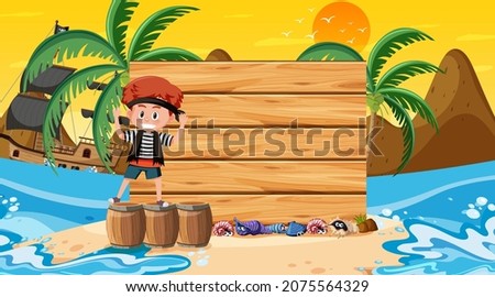 Empty banner template with a pirate boy at the beach sunset scene illustration