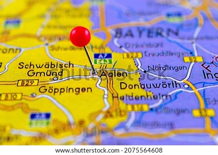 Aalen pinned on a map of Germany. Map with red pin point of Aalen in Germany.