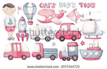 Cute transport set hand drawn by watercolor. Boys toys, kids clip art. City, air transport - car, bus, train, plane, kite, rocket, ambulance, helicopter. For kids, baby party, baby shower designing