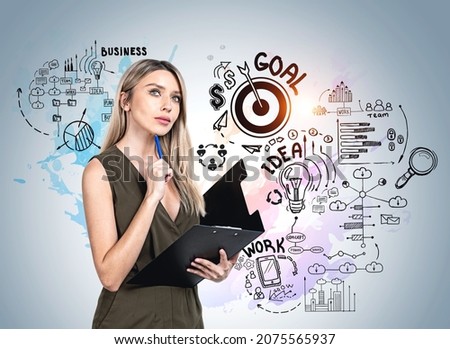 Office woman pensive, concentrated look with business project in hands. Colourful sketch plan on background, graphs, financial analysis and network communication. Concept of business idea