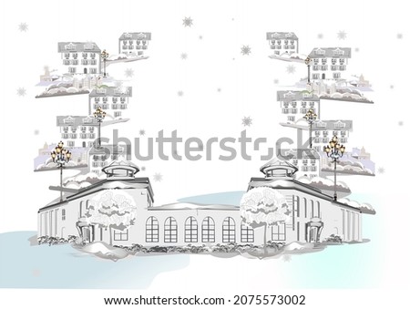Series of street views in the old city. Hand drawn vector architectural background with historic buildings. Black  white sketch
