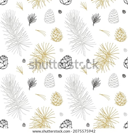 Hand drawn Christmas and New Year pattern with golden cones and pine branches. Vector illustration in sketch style