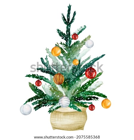 Watercolor illustration of a Christmas tree on a white background. Bright Christmas toys and balls.