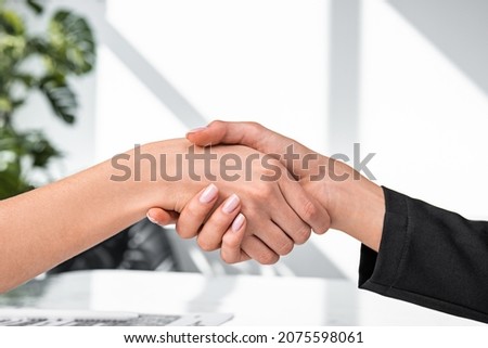 Businesswomen in shake hands. Closeup of hands shake, business partners in office room. Concept of financial deal and signing a contract and partnership
